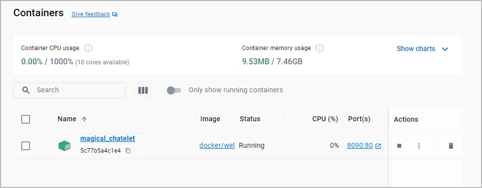查看 Docker Desktop 中的容器选项卡